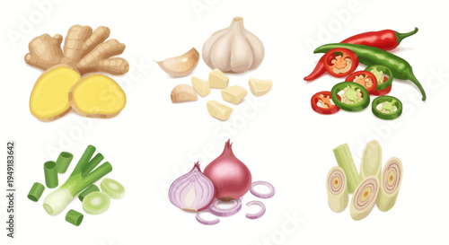 Fresh Ginger, Garlic, Chili Peppers, Spring Onions, Shallots, Lemongrass