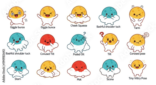 Cute Kawaii Moon Characters Poses and Emotions Flat Design
