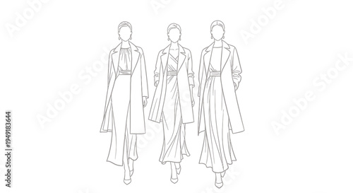 Fashion illustration: three models in long coats and dresses, line art