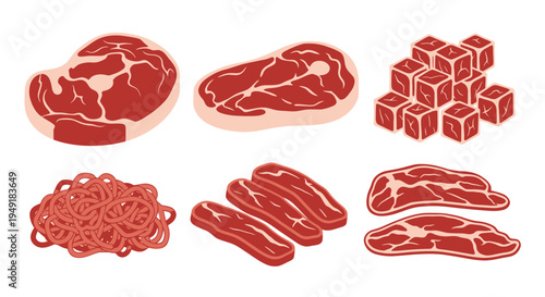 Flat Style Vector Set of Various Beef Cuts: Steaks, Ground, Cubed