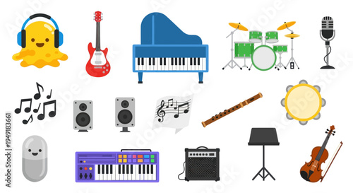 Flat vector icons of musical instruments and music symbols, music, orchestra, orchestra