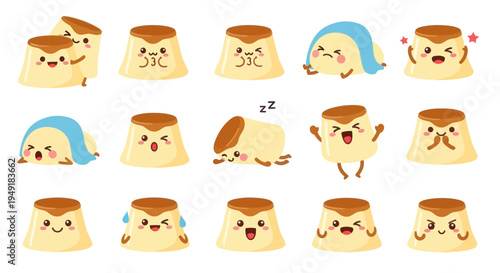 Cute Cartoon Pudding Emoticons with Various Emotions and Actions