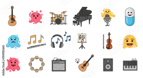 Music Icons Set - Instruments, Notes, Instruments, Flat Style