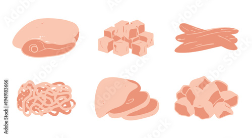 Flat Vector Food Illustration: Assorted Raw Chicken Cuts, Cubes, and Strips