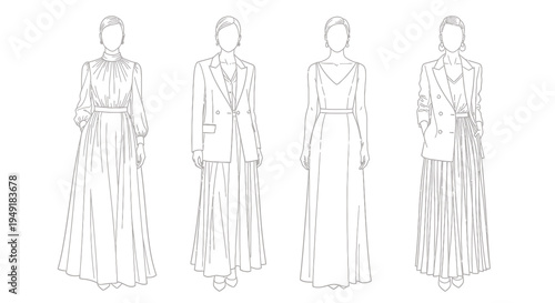 Fashion Line Art: Women's Elegant Dresses and Suits