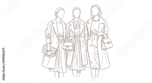 Fashion illustration of three women in coats and handbags, line art