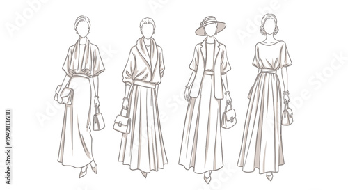 Fashion illustration of women in elegant dresses and accessories, line art