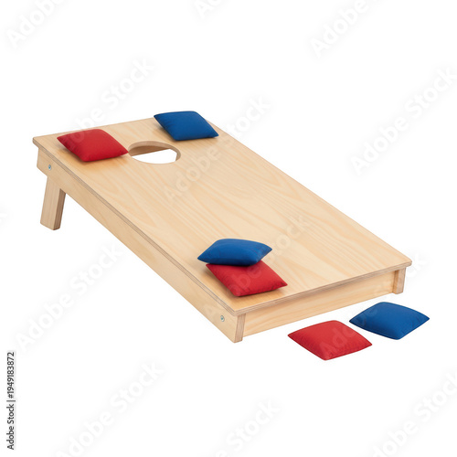 A wooden cornhole board with red and blue beanbags isolated on transparent background