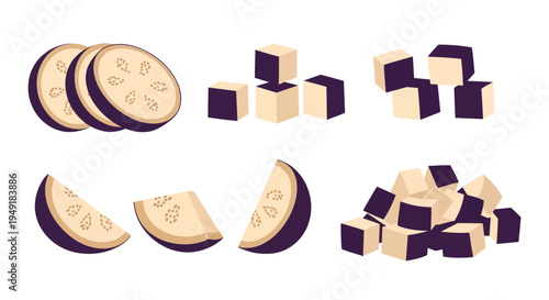 Flat Design Vector Eggplant Slices and Cubes