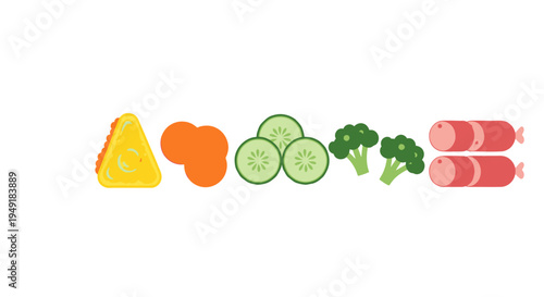 Flat vector icons of Japanese onigiri, cheese, carrots, cucumber, broccoli, and sausages