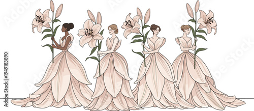 Elegant women wearing lily flower petal dresses holding lilies, botanical fashion illustration set, feminine floral couture isolated on white