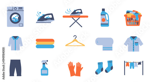Laundry and Cleaning Icons - Flat Style Vector Illustrations