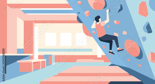 A person engaged in the sport of indoor bouldering on an artificial wall.