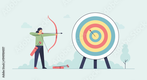 A woman archer successfully hits the bullseye on a target.