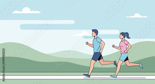 Athletic man and woman running together outdoors for fitness and exercise.