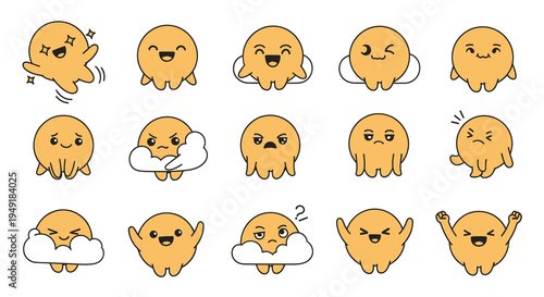 Cute Yellow Octopus Kawaii Emoticon Vector Illustration