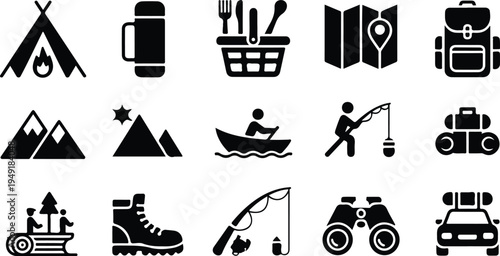 Camping and hiking equipment icons featuring mountain adventure gear for outdoor exploration and wilderness trips
