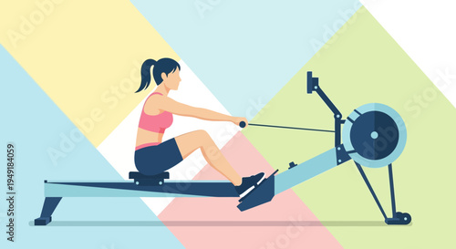 Athletic woman in sportswear exercising on an indoor rowing machine.