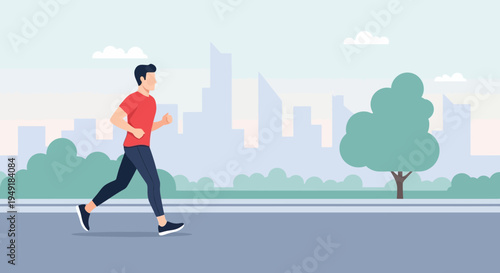 Athletic young man in red sportswear running outdoors.