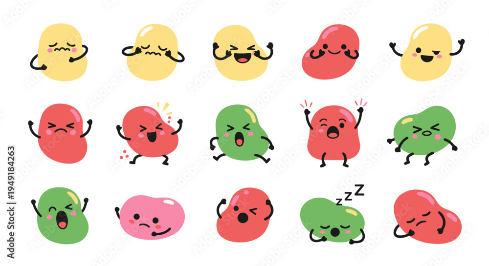 Naklejka premium Cute Jelly Beans Characters with Different Emotions, Flat Design
