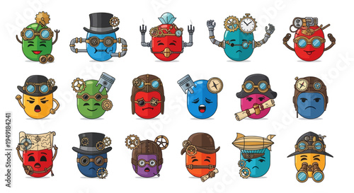 Steampunk Emoticon Characters, Vector Cartoon Style