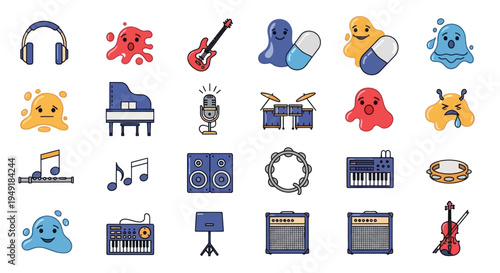 Flat style cartoon music icons set: headphones, guitar, piano, drums, violin