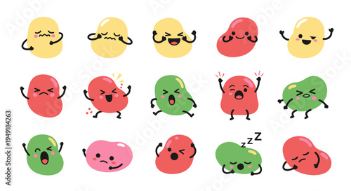 Cute Jelly Beans Characters with Different Emotions, Flat Design