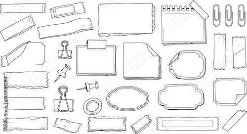 Collection of various office supplies and stationery items isolated on transparent background
