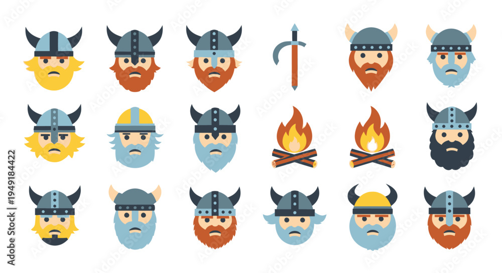 Obraz premium Flat Viking Icons - Warriors, Helmets, Swords, Campfire