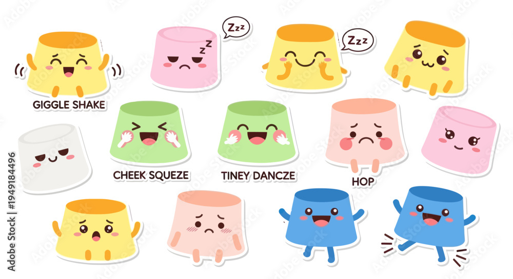 Fototapeta premium Cute Pudding Desserts with Faces: Food Emoji Stickers, Flat Style