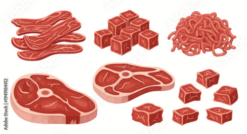 Raw Meat Products: Steaks, Bacon, Cubes, and Ground Beef Vector