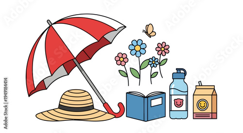Summer Picnic Still Life: Umbrella, Hat, Flowers, Book, Drinks, Butterfly