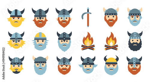 Flat Viking Icons - Warriors, Helmets, Swords, Campfire