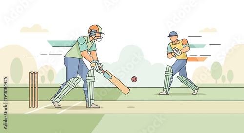 Dynamic line art illustration of a cricket batsman in action.
