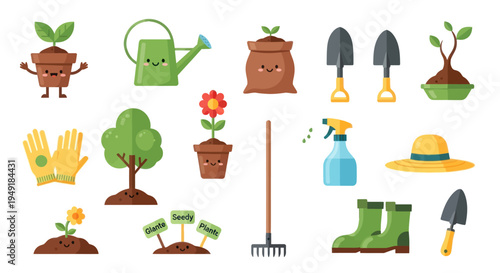 Flat Style Gardening Icons with Cute Plants, Tools, and Boots