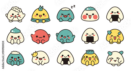 Cute Kawaii Sushi Onigiri Characters, Food Art Style, Vector Icons