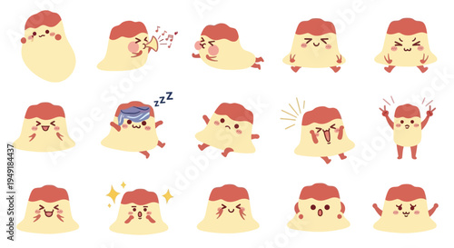 Cute Pudding Characters Set, Kawaii Food Vector Illustrations