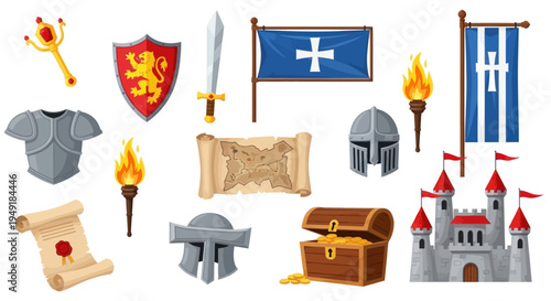 Medieval Knightly Objects: Castle, Sword, Shield, Armor, Treasure Chest, Torch, Map