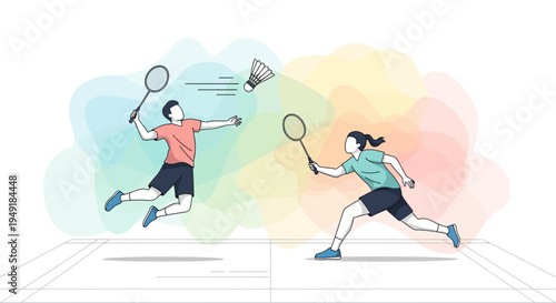 Dynamic sketch illustration of a man and woman playing badminton.