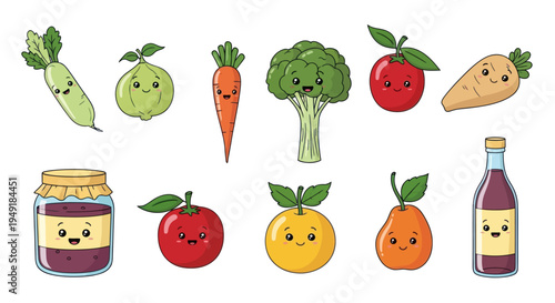 Kawaii Vegetables and Fruits Characters, Jam Jar and Juice Bottle