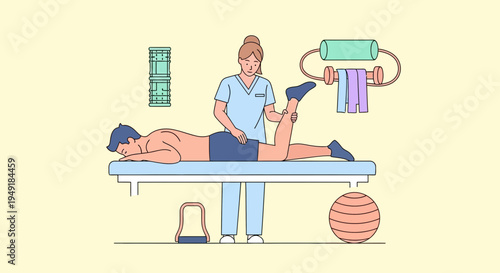 Female physiotherapist providing leg treatment to a male patient.