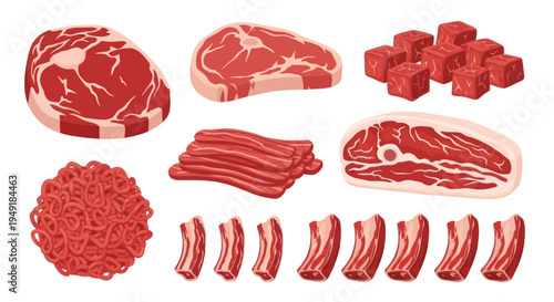 Various Raw Meat Cuts - Flat Design Vector Illustration