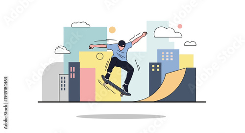 Dynamic flat vector illustration of a person skateboarding.