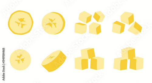 Flat Yellow Banana Slices and Cubes Vector Icons