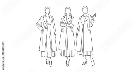 Fashion illustration, women in elegant coats and dresses, line art