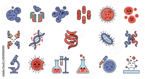 Science Icons Set: Microbes, DNA, Lab Equipment, Flat Style