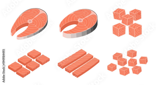 Salmon Cuts and Cubes - Fresh Fish Food Ingredient Flat Illustration