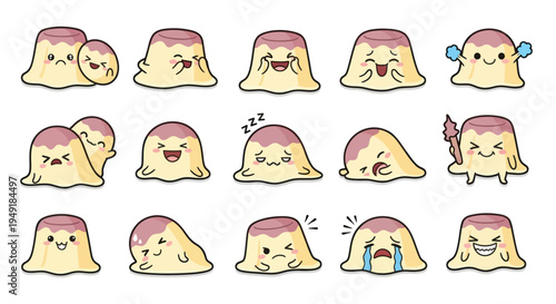 Cute Pudding Characters with Various Emotions for Food  Dessert Themes
