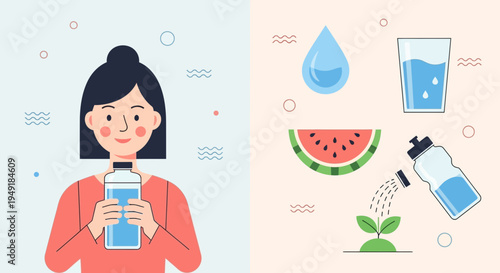 Hydration concept illustration with woman holding a water bottle and various water icons.
