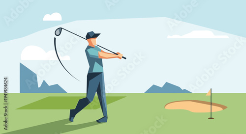 Male golfer in a blue shirt and cap executing a powerful swing.